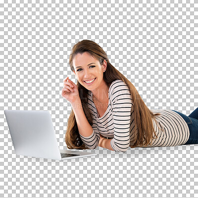 Buy stock photo Portrait, happy and woman on the floor with laptop isolated on transparent png background. Face, computer and smile of student on the ground to relax, communication and social media on tech in Canada