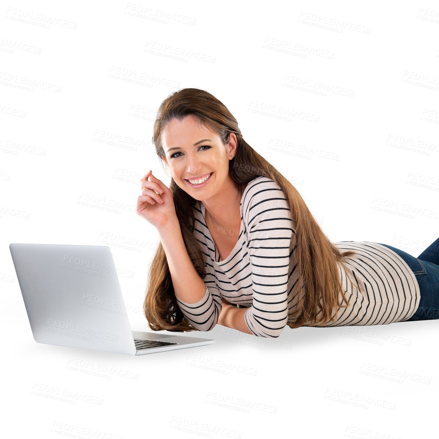 Buy stock photo Portrait, happy and woman on the floor with laptop isolated on transparent png background. Face, computer and smile of student on the ground to relax, communication and social media on tech in Canada