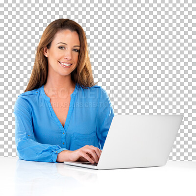 Buy stock photo Woman, laptop and browsing on internet in portrait, website and tech or online for research. Female person, smile and networking or typing an email, info and isolated on transparent png background