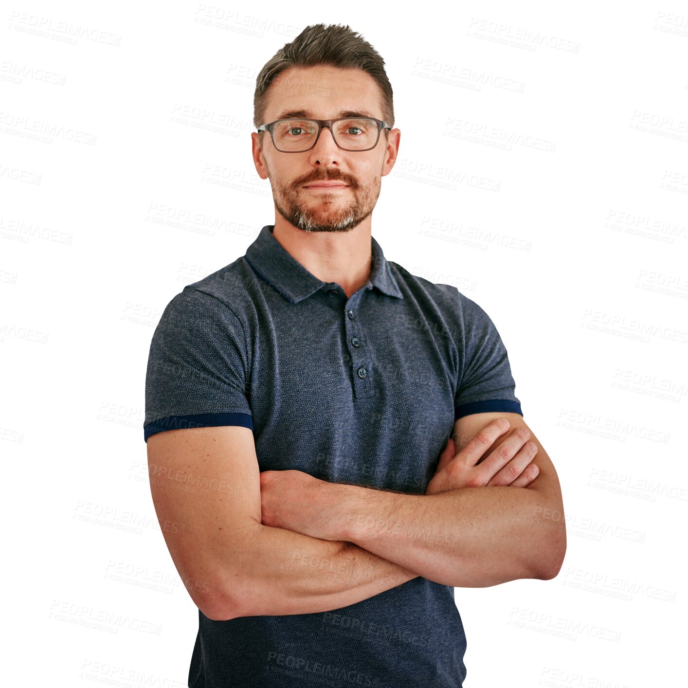 Buy stock photo Mature man, arms crossed and glasses for vision with confidence, professional and portrait on png transparent background. Pride, leader or boss from Canada with eyewear, casual outfit and tshirt 