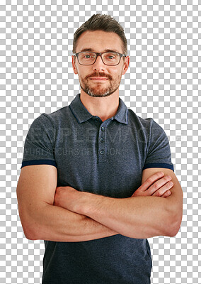 Buy stock photo Mature man, arms crossed and portrait for confidence, glasses for vision and professional on png transparent background. Pride, leader or entrepreneur from Canada with eyewear and casual outfit