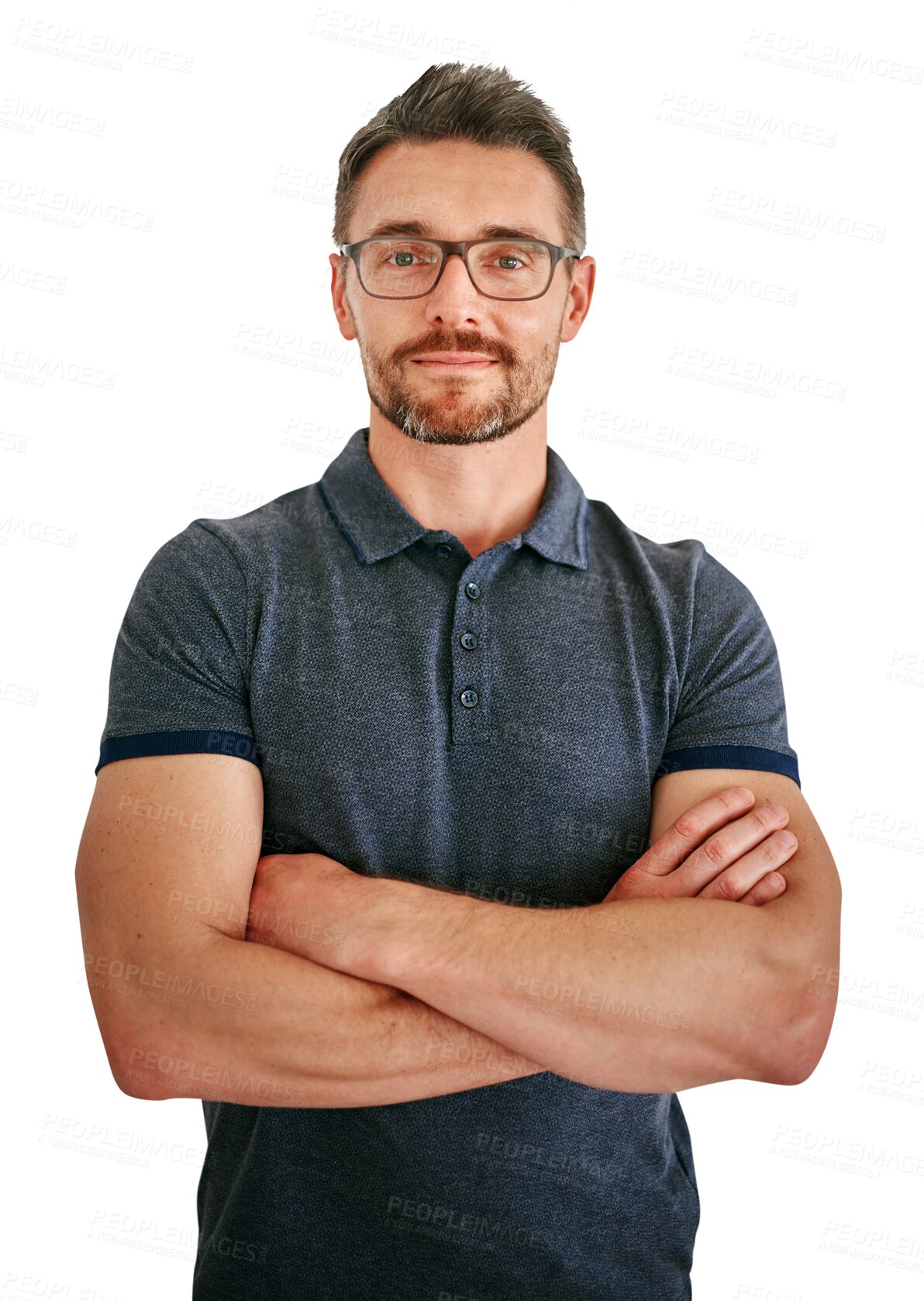 Buy stock photo Mature man, arms crossed and portrait for confidence, glasses for vision and professional on png transparent background. Pride, leader or entrepreneur from Canada with eyewear and casual outfit