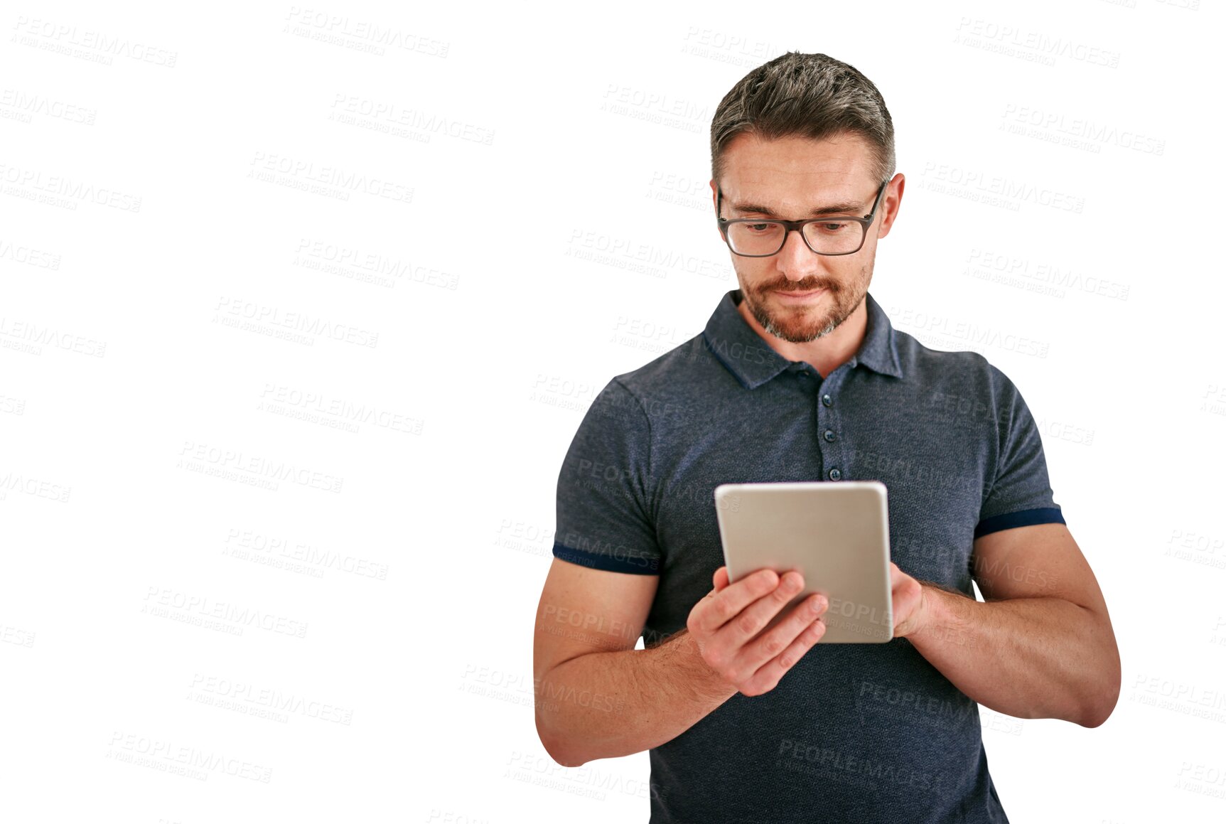 Buy stock photo Tablet, research and design with man in glasses isolated on transparent background for creative business. Technology, email or social media with confident designer on PNG to search for information