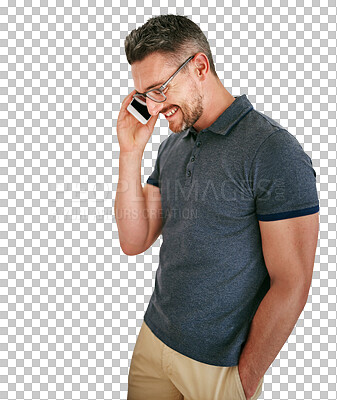 Buy stock photo Phone call, smile and man with communication, conversation and person isolated on transparent background. Guy, png or model with smartphone and mobile user with digital app or connection with network