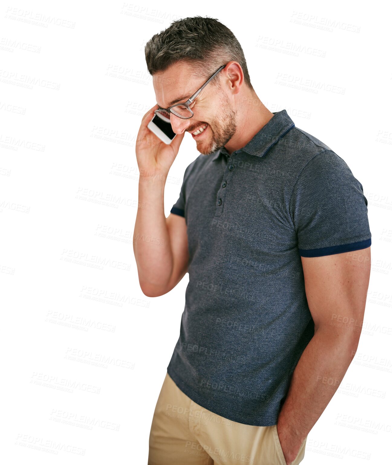 Buy stock photo Phone call, smile and man with communication, conversation and person isolated on transparent background. Guy, png or model with smartphone and mobile user with digital app or connection with network