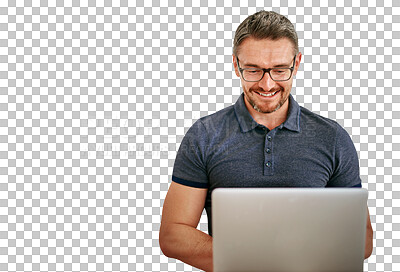 Buy stock photo Mature happy man, laptop and information technology with software update or coding on png transparent background. Problem solving, cybersecurity and management at startup for programming and internet