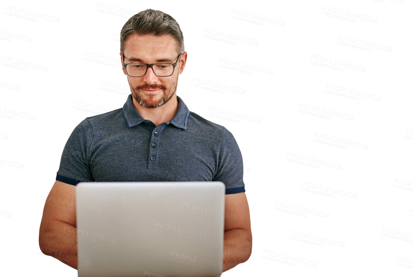 Buy stock photo Mature man, laptop and information technology with glasses, software update or coding on png transparent background. Problem solving, cybersecurity and management at startup for programming and web