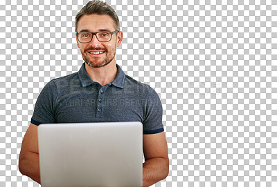 Buy stock photo Mature man, portrait and laptop for IT with smile, software update or coding on png transparent background. Problem solving, cybersecurity and management at startup for programming and tech with web