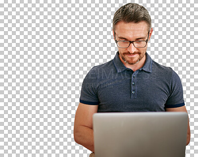 Buy stock photo Mature man, laptop and information technology, internet with software update or coding for cybersecurity on png transparent background. Problem solving, expert or manager at startup for programming