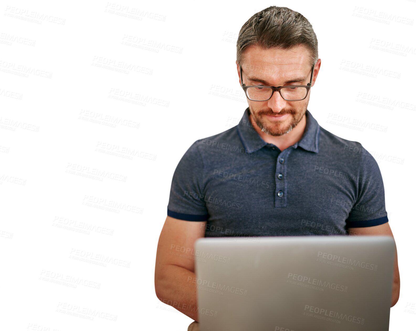 Buy stock photo Mature man, laptop and information technology, internet with software update or coding for cybersecurity on png transparent background. Problem solving, expert or manager at startup for programming