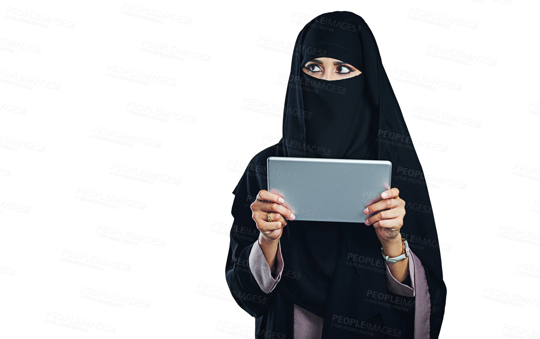 Buy stock photo Thinking, woman and muslim with tablet online for social media or streaming on transparent or png background. Niqab, burka and isolated girl planning idea on web with tech or learning from ebook