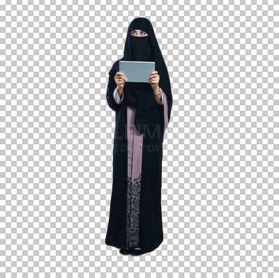 Buy stock photo Muslim, woman and thinking with tablet online for social media or streaming on transparent or png background. Niqab, burka and isolated girl with question or planning idea with tech for ebook or blog