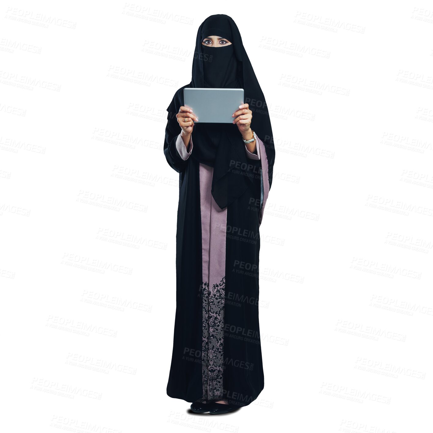 Buy stock photo Muslim, woman and portrait with tablet for social media or streaming on transparent or png background. Islamic, burka and isolated girl in niqab on web with tech or reading blog, article and ebook