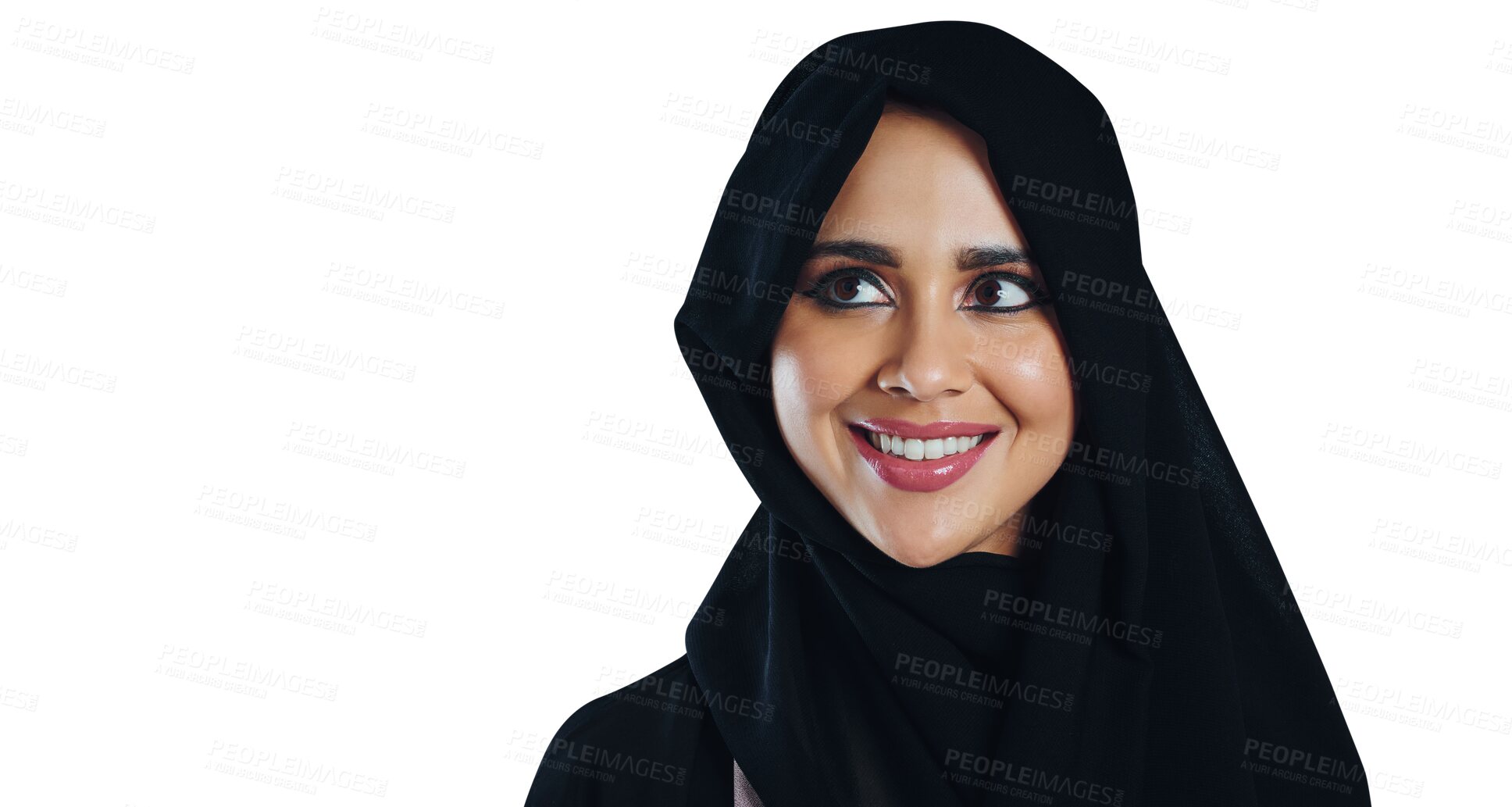 Buy stock photo Face, beauty and thinking with Islamic woman isolated on transparent background for faith or religion. Smile, idea and planning with happy young muslim person in hijab for culture or tradition on PNG