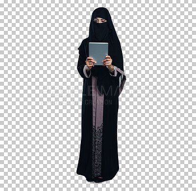 Buy stock photo Woman, muslim and tablet or online connection for internet technology, niqab or networking. Female person, burka and isolated transparent png background or social media web, post or communication