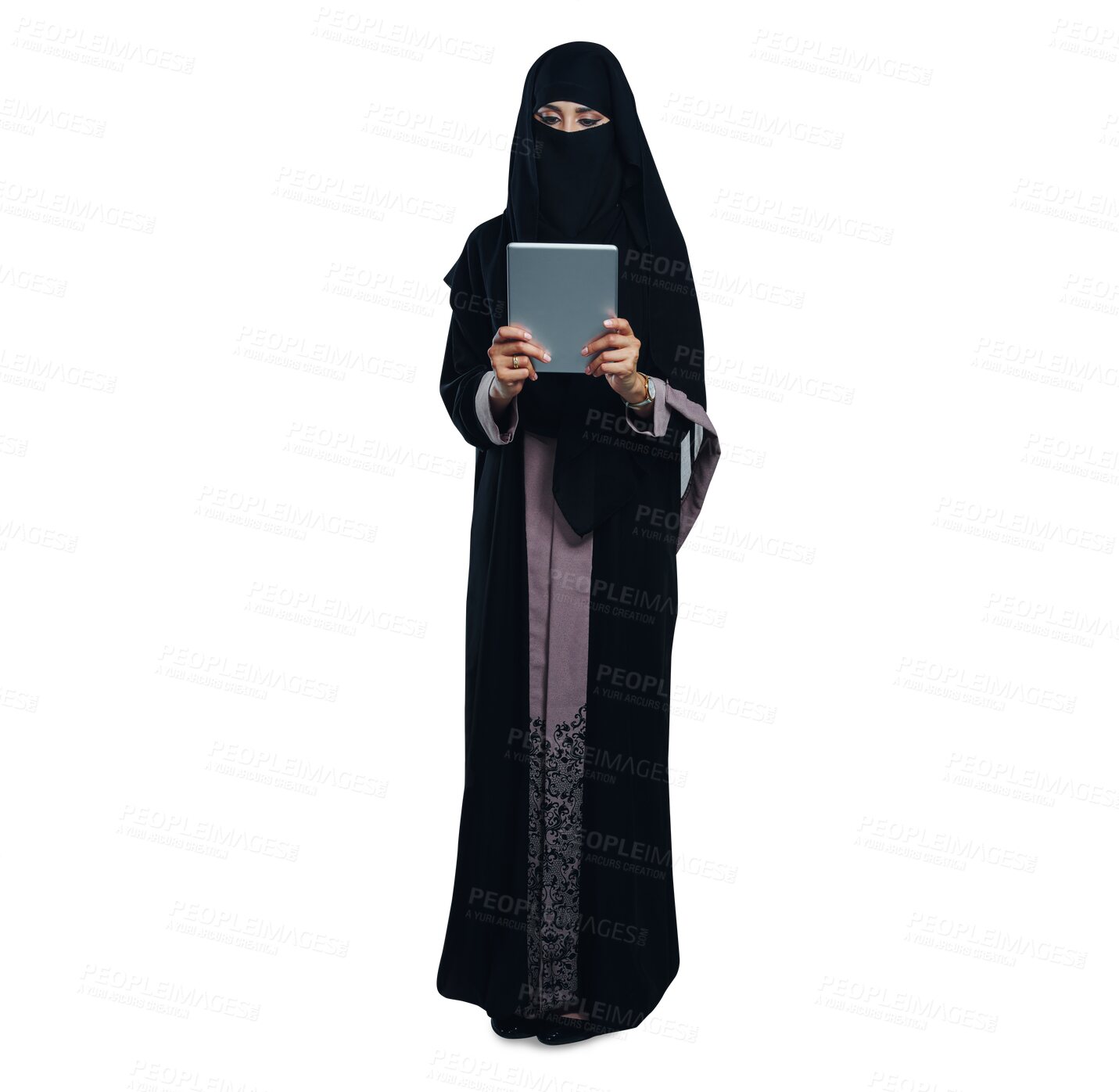 Buy stock photo Woman, muslim and tablet or online connection for internet technology, niqab or networking. Female person, burka and isolated transparent png background or social media web, post or communication