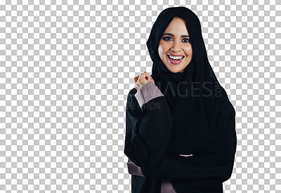Buy stock photo Portrait, smile and muslim business woman, worker and person isolated on a transparent png background. Hijab, face and happy professional entrepreneur, agent and employee laughing in Saudi Arabia