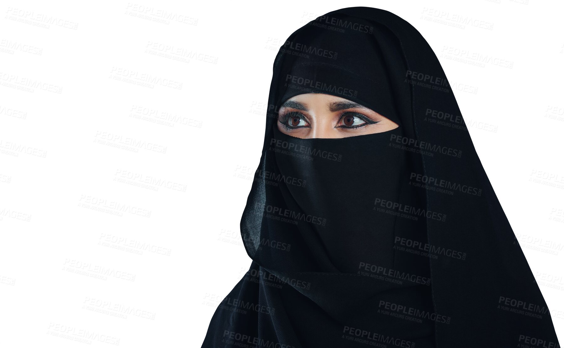 Buy stock photo Woman, muslim and fashion with traditional niqab hijab, scarf or religion on a transparent PNG background. Face of islamic female person, Saudi or Arabian model with religious outfit, burka or cover