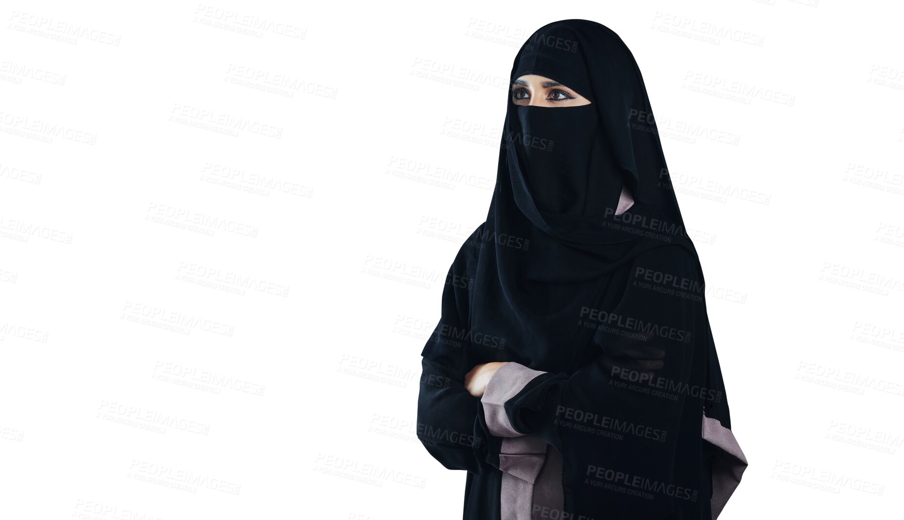 Buy stock photo Islam, woman and thinking with niqab or arms crossed for idea, corporate career or contemplating for startup. Business, person or muslim entrepreneur with pride isolated on png transparent background
