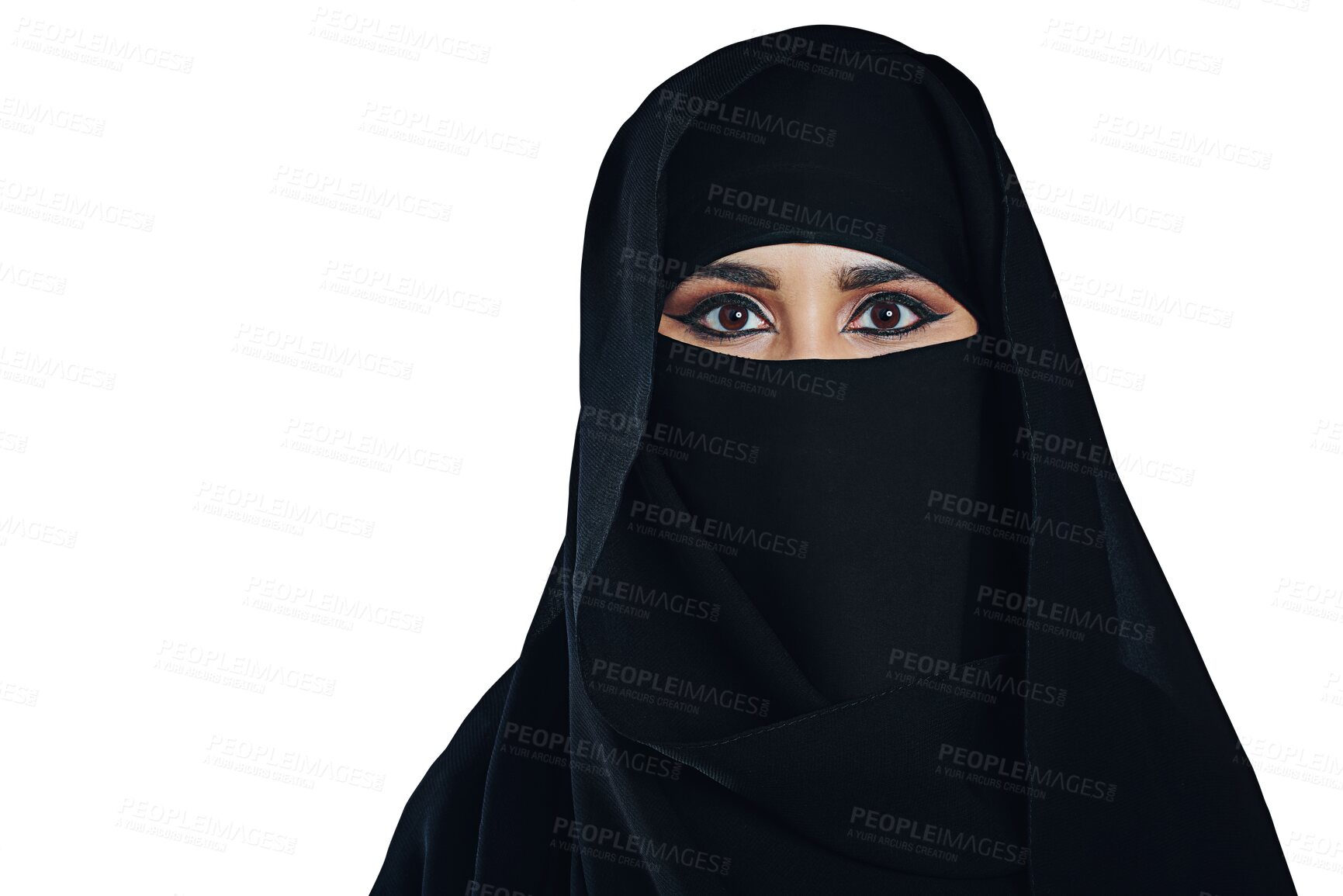Buy stock photo Woman, portrait and muslim with niqab hijab for fashion, scarf or religion on a transparent PNG background. Face of islamic female person, Saudi or Arabian model with traditional or religious outfit