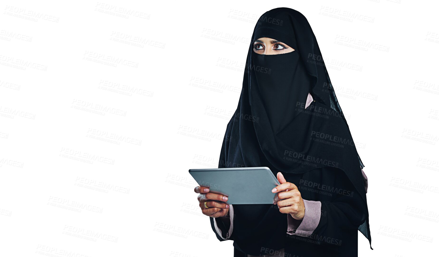 Buy stock photo Woman, muslim and thinking with tablet for communication or technology as isolated, transparent or png background. Female person, burka and connectivity in Dubai for internet, research or browsing