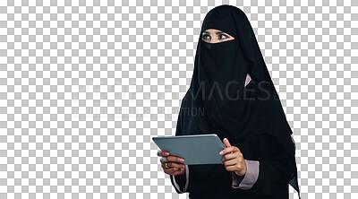 Buy stock photo Woman, muslim and thinking with tablet or technology for social media or isolated, transparent or png background. Female person, burka and connectivity in Dubai for web decision, research or browsing