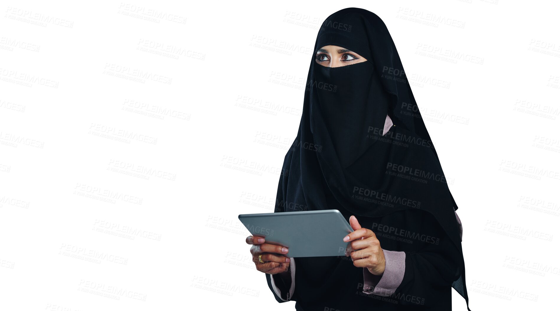Buy stock photo Woman, muslim and thinking with tablet or technology for social media or isolated, transparent or png background. Female person, burka and connectivity in Dubai for web decision, research or browsing