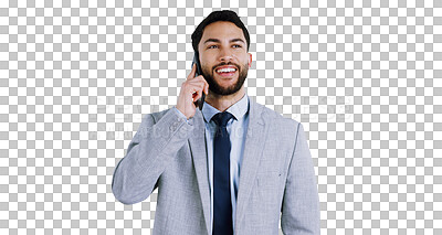 Buy stock photo Business, phone call and happy man with networking, chat or communicate on isolated, transparent or png background. Smartphone, conversation or consultant listen to client faq, feedback or discussion