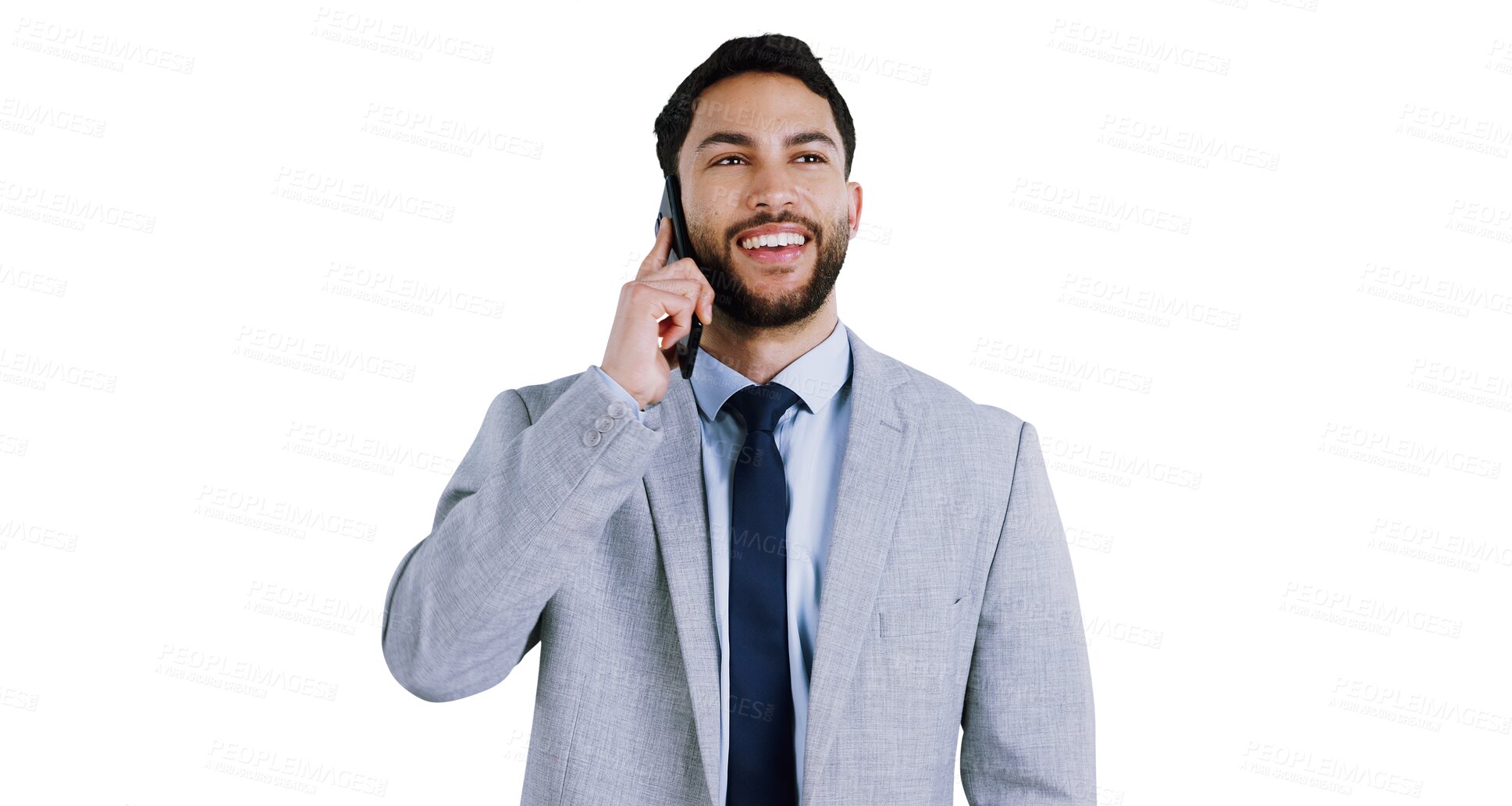 Buy stock photo Business, phone call and happy man with networking, chat or communicate on isolated, transparent or png background. Smartphone, conversation or consultant listen to client faq, feedback or discussion