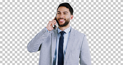 Buy stock photo Business, phone call and man with a smile, communication or accountant isolated on transparent background. Broker, trader or worker with cellphone or mobile user with conversation, png or digital app