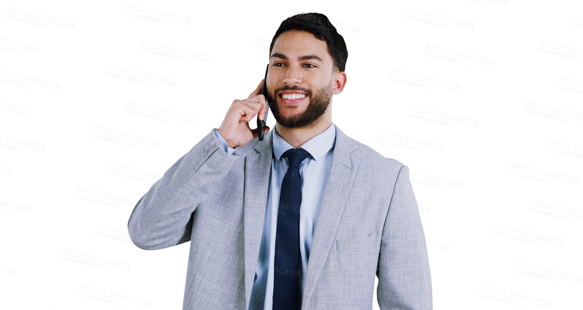 Buy stock photo Business, phone call and man with a smile, communication or accountant isolated on transparent background. Broker, trader or worker with cellphone or mobile user with conversation, png or digital app