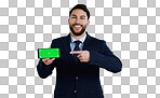 Professional man, phone green screen and presentation for website, corporate software or job registration in studio. Portrait of business worker pointing to mobile app or mockup on a white background