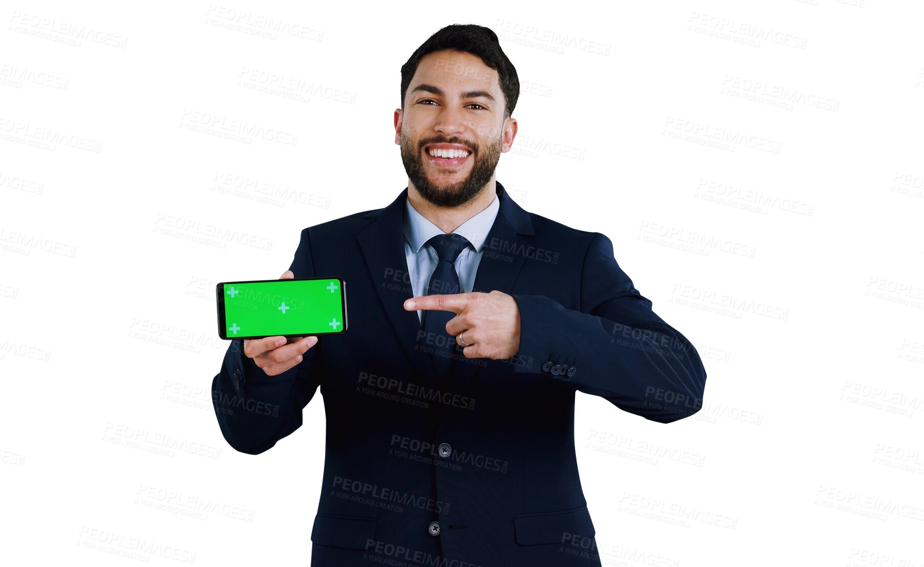 Buy stock photo Green screen, phone and businessman portrait with hand pointing to mockup on isolated, transparent or png background. Smartphone, display or agent show social media space, sign up or platform offer