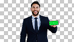 Professional man, mobile green screen and space for social media, software or online subscription in studio. Portrait of business worker on phone, website mockup or contact info on a white background