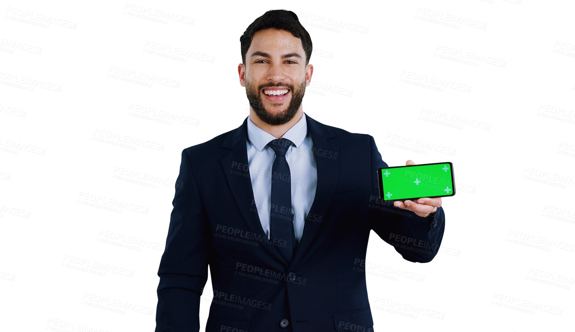 Buy stock photo Businessman, phone and portrait with green screen in hand with social media on transparent or png background. Smartphone, registration and job recruitment on website, application or isolated feedback