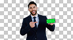 Business man, phone green screen and pointing to presentation, announcement or news in studio. Portrait of corporate worker with mobile app, career opportunity or website mockup on a white background