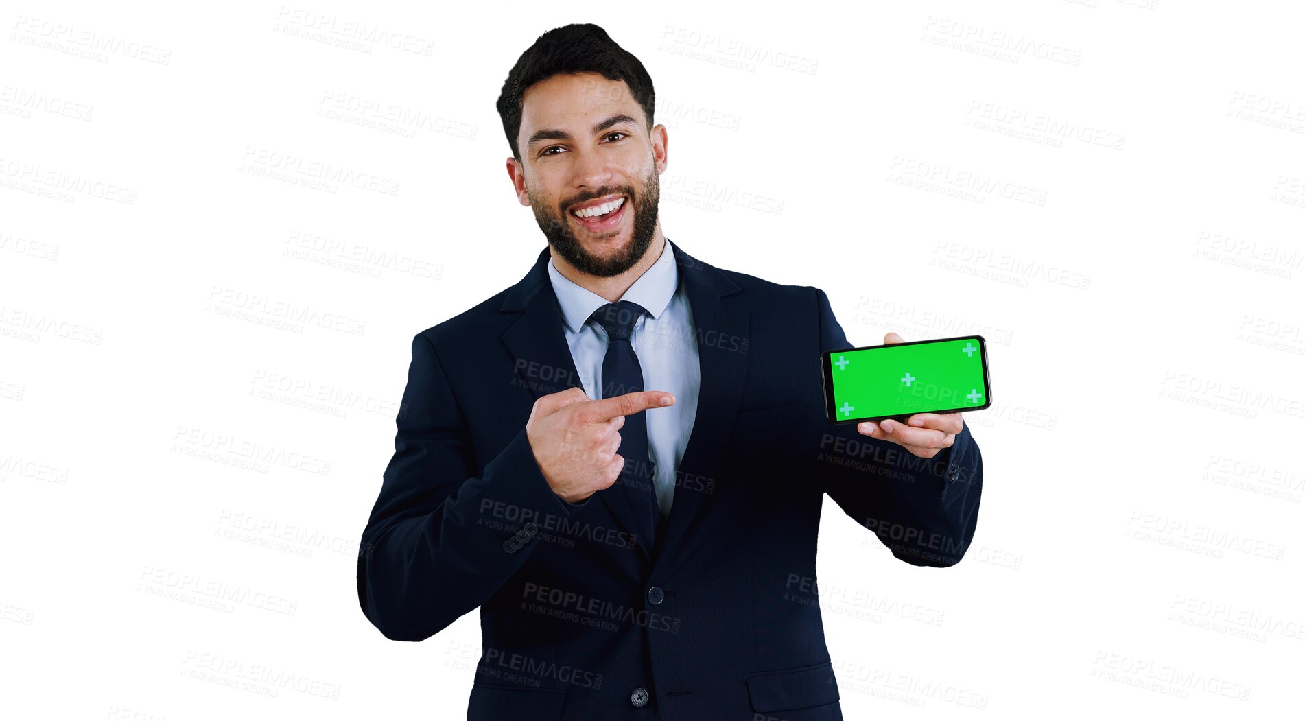 Buy stock photo Businessman, hand and phone with green screen in portrait, pointing to social media on transparent or png background. Smartphone, registration and job from web, application or isolated feedback