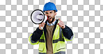 Angry man, architect and pointing with megaphone for construction or protest against a gray studio background. Portrait of male person, contractor or engineer shouting or screaming on loudspeaker
