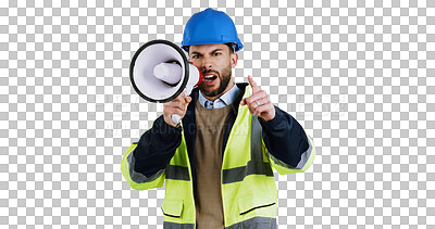 Buy stock photo Portrait, megaphone and angry with man construction worker isolated on transparent background for management. Architect, building and design with unhappy engineer shouting instructions on PNG