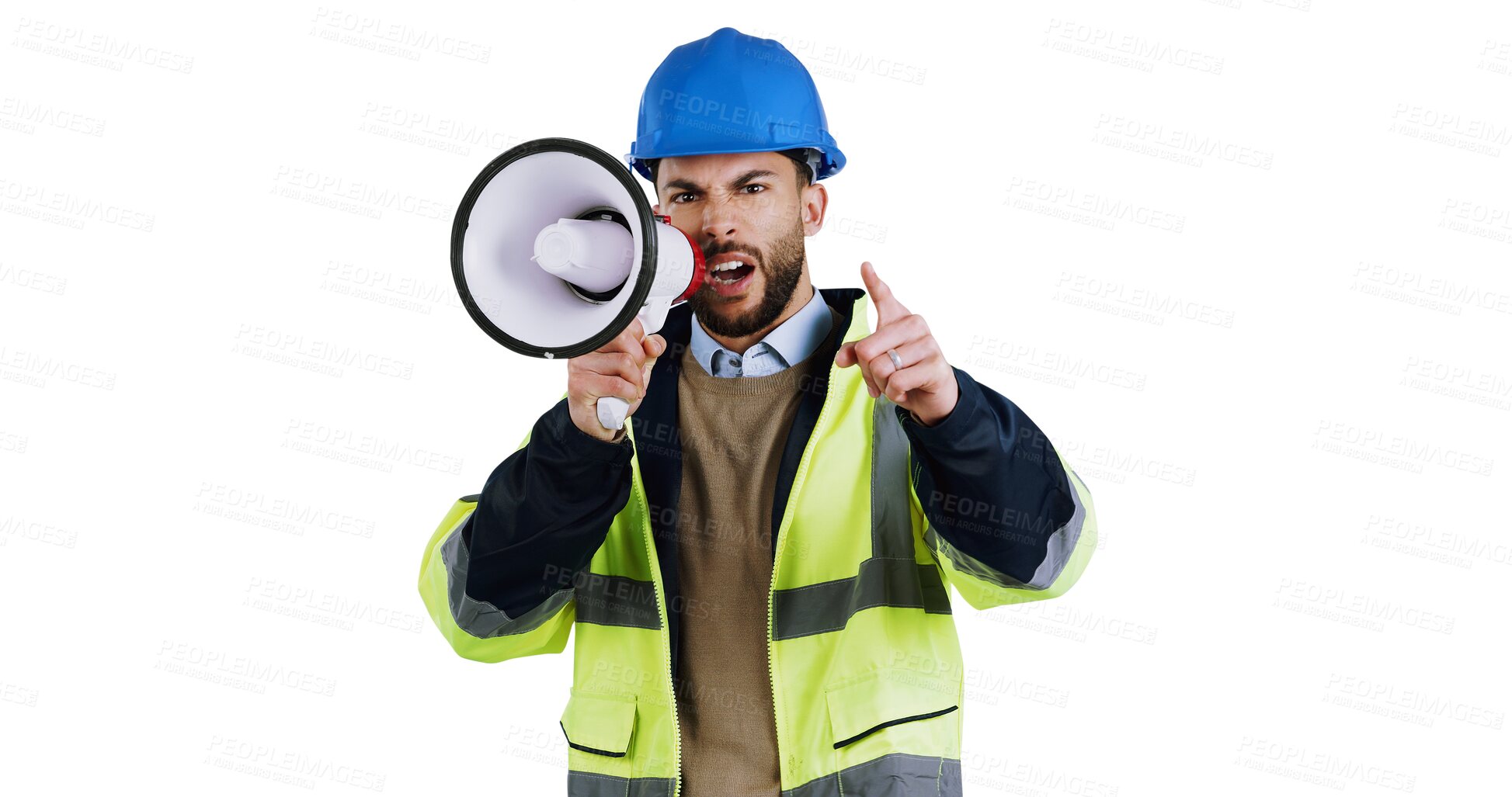 Buy stock photo Portrait, megaphone and angry with man construction worker isolated on transparent background for management. Architect, building and design with unhappy engineer shouting instructions on PNG