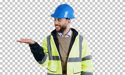 Buy stock photo Man, architect and palm for advertising or marketing as contractor or isolated transparent png background. Male person, hard hat and hand out gesture for build recommendation, service or construction