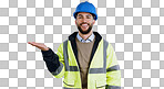 Happy man, portrait and architect with palm for advertising or marketing against a gray studio background. Male person, contractor or engineer smile with hand out for deal or service in construction