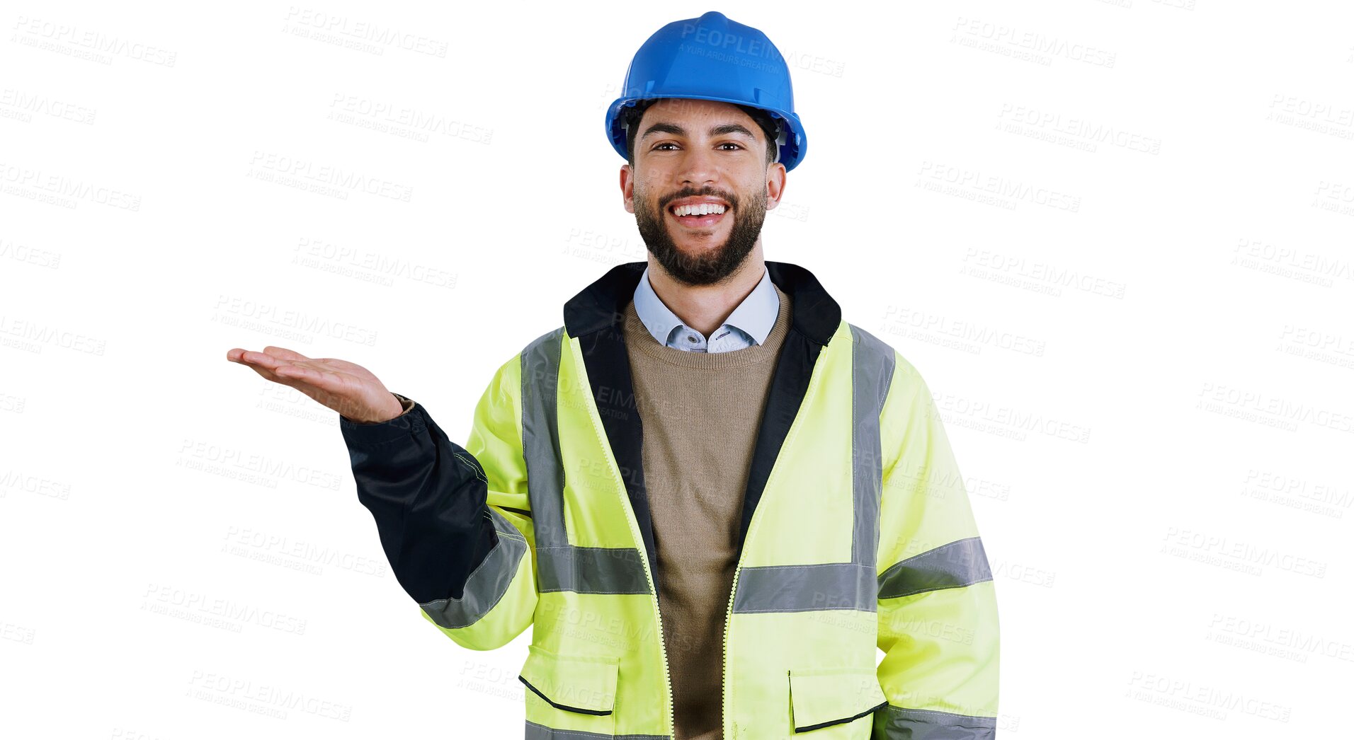 Buy stock photo Man, portrait and architect with advertising palm or marketing as contractor or isolated transparent png background. Male person, hand out and gesture or build recommendation, service or construction