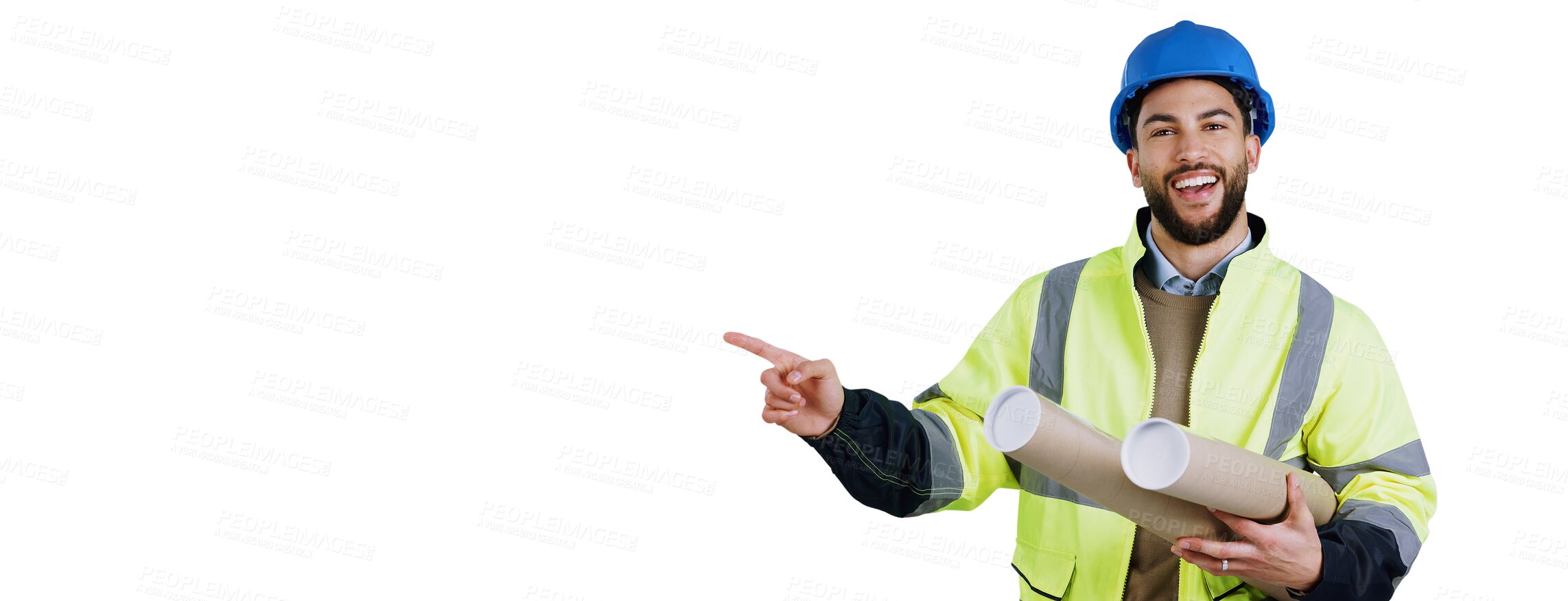 Buy stock photo Engineer, man and portrait with pointing or blueprint for architect design, building project and sketch. Construction worker, face and happy with hand gesture isolated on a png transparent background