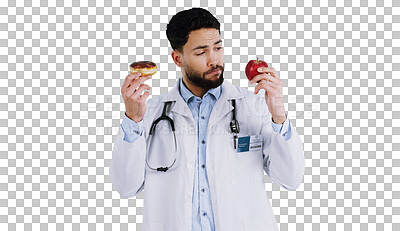 Buy stock photo Doctor, apple and donut for choice in nutrition, thinking and isolated on transparent png background. Man, wonder and medical professional for decision in diet, food and snack or offer for eating