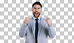 Happy businessman, portrait and fist pump in celebration, winning or achievement against a gray studio background. Excited man employee in prize, good news or business promotion for success on mockup