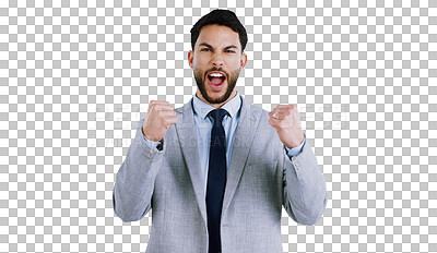 Buy stock photo Business, portrait and excited man with winner fist celebration for wow news on isolated, transparent or png background. Success, energy or face of male attorney with lets go expression for promotion