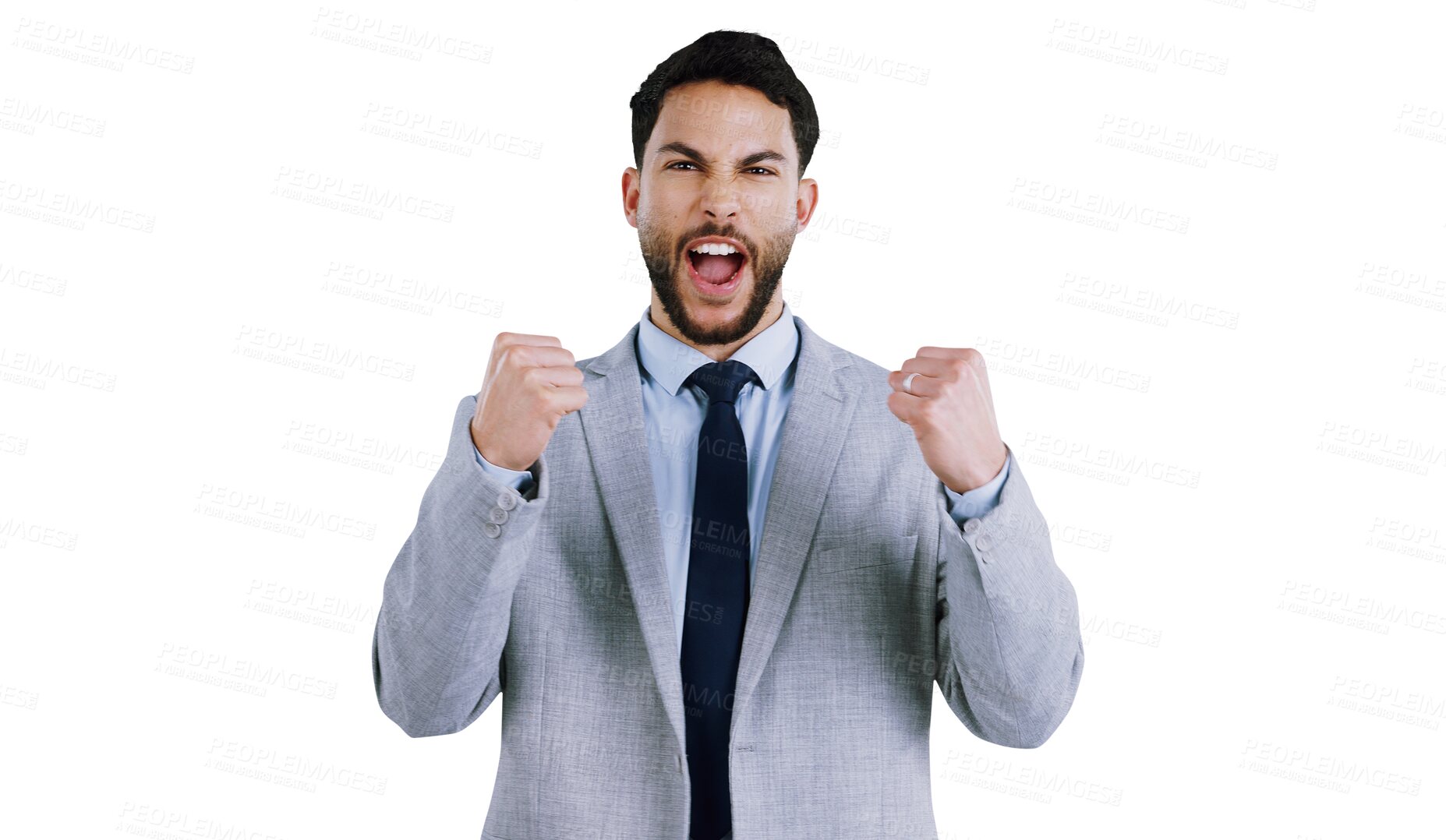 Buy stock photo Business, portrait and excited man with winner fist celebration for wow news on isolated, transparent or png background. Success, energy or face of male attorney with lets go expression for promotion