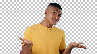 Buy stock photo Confused, portrait and man shrug with why hands on isolated, transparent or png background. Doubt, questions and male model face with palm scale choice, dont know or whatever, asking or body language