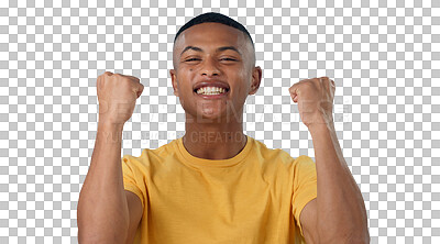 Buy stock photo Man, portrait and excited for success with fist on an isolated png and transparent background. Male person, winning and celebrating with gesture for a giveaway, prize or winner bonus for achievement